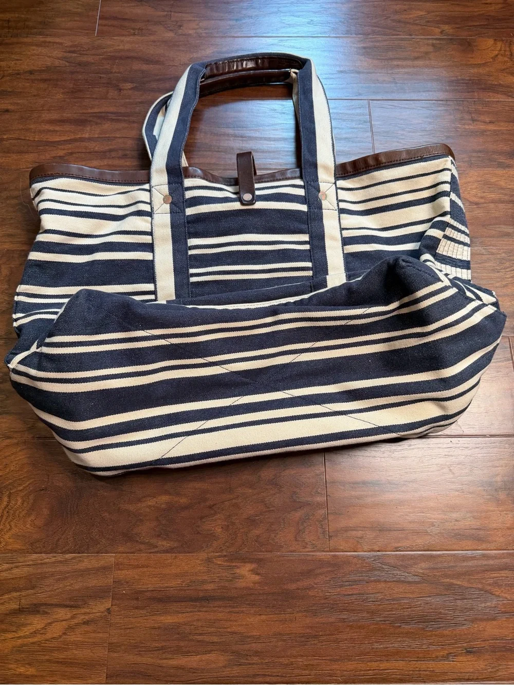 Polo Ralph Lauren Indigo Striped Cotton Canvas Leather Tote Bag Stripe Nautical